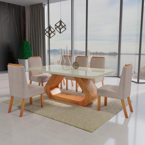 Sala de Jantar 180x90 Mdf/vidro 6 Cadeiras Lottus Bom Pastor