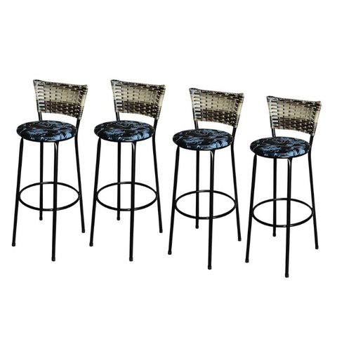 Jogo 4 Banqueta Alta Para Cozinha Ratan Cappuccino Premium Preta Estofado Floral  Floral 