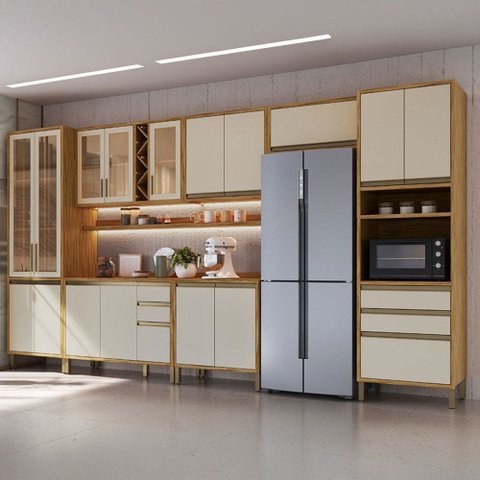 Armário de Cozinha com Balcão e Tampo 17 Portas 5 Gavetas Pérola 100% Mdf Vidro Reflecta Amêndoa/off