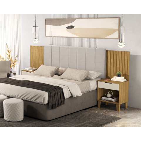 Cabeceira Helena Nature Estofada e Criado para Cama Box Queen Size 160cm