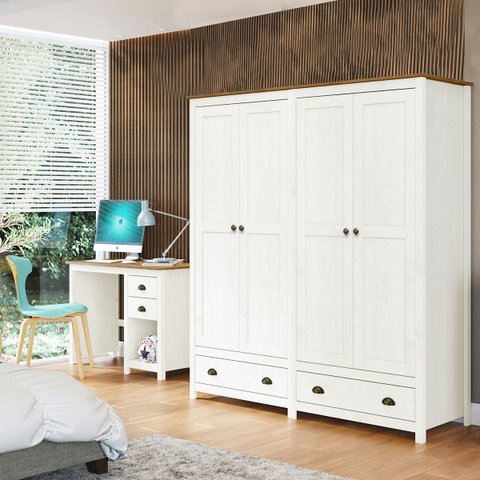 Conjunto Quarto: Guarda-roupa 4 Portas, Escrivaninha 2 Gavetas Topázio Branco/freijó Madeira Pinus -