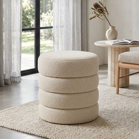 Puff Decorativo Redondo Mid Bouclé Off White - Nexta Casa