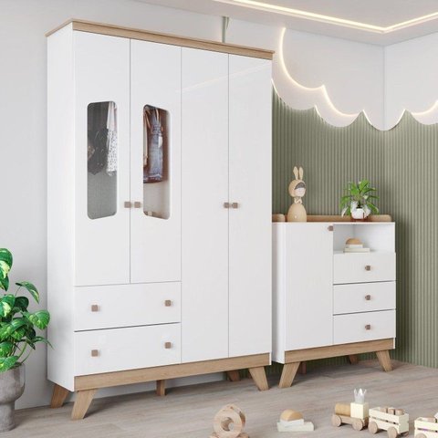 Conjunto Quarto de Bebê Guarda-Roupa + Cômoda com Nicho Decorativo Branco/Jequitibá HP Noah