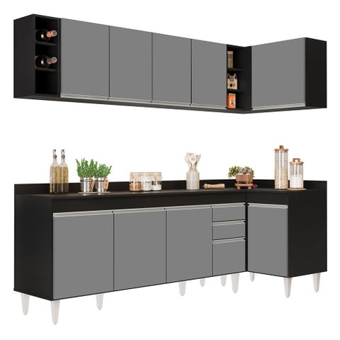 Armário de Cozinha Modulado de Canto Esquerdo 5 Peças Cp53 Balcão com Tampo Preto/cinza - Lumil Lumi