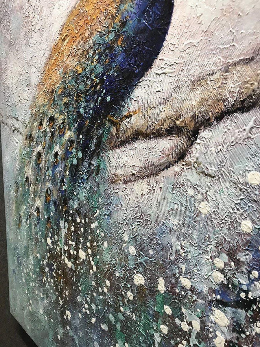 Quadro Pintura Tela azul emoldurado óleo Pavão 5346: 100cm (A) x 200cm (L) - 4