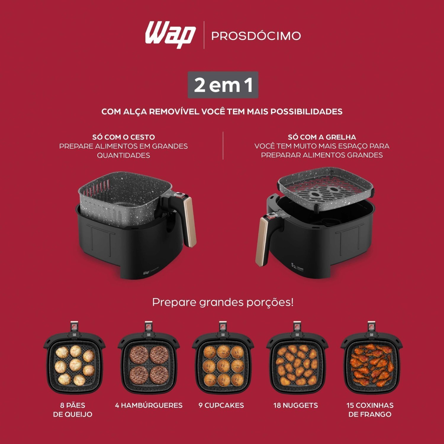 Fritadeira Elétrica Air Fryer Grand Family 5,2L Antiaderente, Aviso Sonoro e Timer 60min 127v Wap - 3