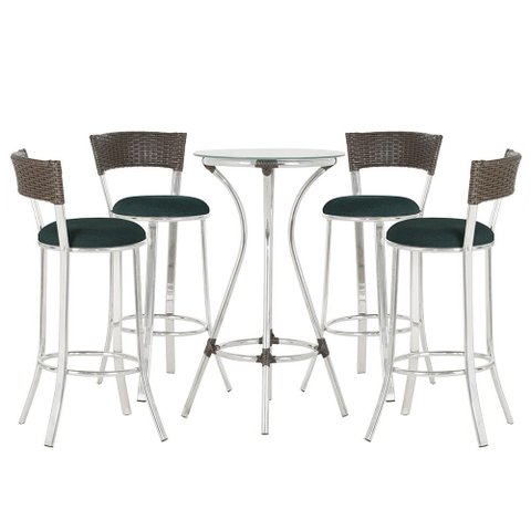 Jogo de Mesa Bistrô com Tampo de Vidro Redondo 4 Banquetas em Alumínio e Fibra Sintética Argila