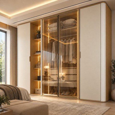 Guarda-Roupa Closet Casal com Portas de Vidro Reflecta com LED e Cantos Curvos 100%MDF