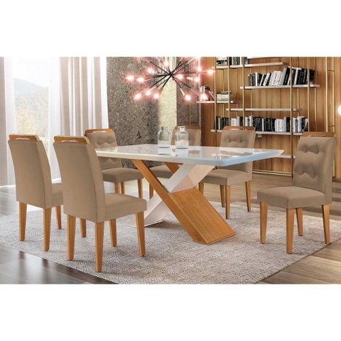 Sala de Jantar Completa Imperatriz Tampo Madeirado C- Vidro Curvo 180x90 e 6 Cadeiras Imperatriz