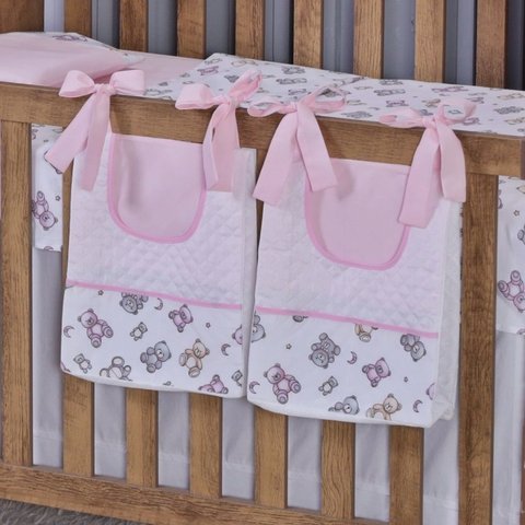 Porta Fralda Organizador Quarto de Bebê Menino Menina 2 Peças com Laço:urso Rosa