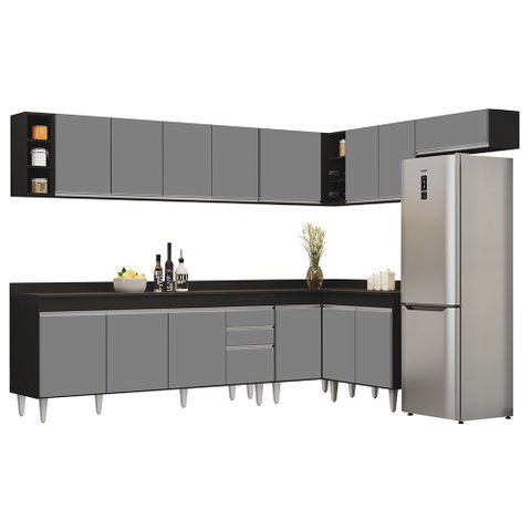 Armário de Cozinha Modulado de Canto 8 Peças Cp26 Balcão com Tampo Preto/cinza - Lumil Lumil Móveis