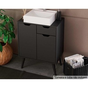Bancada de Banheiro C/ Pés Bn3637 S/ Cuba C/ 2 Portas e 1 Gaveta 60cm Preto - Tecno Mobili