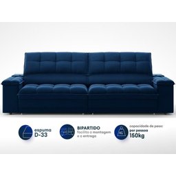 Sofá com Porta Copos e Carregador Usb Ret Rec Luke 2,90m Veludocristal Azul Marinho - Netsofas - 3
