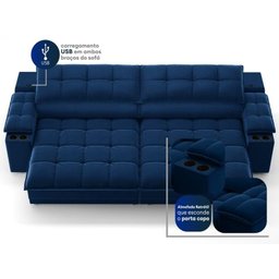 Sofá com Porta Copos e Carregador Usb Ret Rec Luke 2,90m Veludocristal Azul Marinho - Netsofas - 6