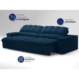 Sofá com Porta Copos e Carregador Usb Ret Rec Luke 2,90m Veludocristal Azul Marinho - Netsofas - 4