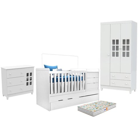 Quarto de Bebê Mariah 3 Portas com Berço Americano Multifuncional Cleo Branco com Colchão Gazin - Ca