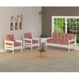 Sofá 3 Lugares e 2 Poltronas Madeira Maciça com Almofadas Branco - 1