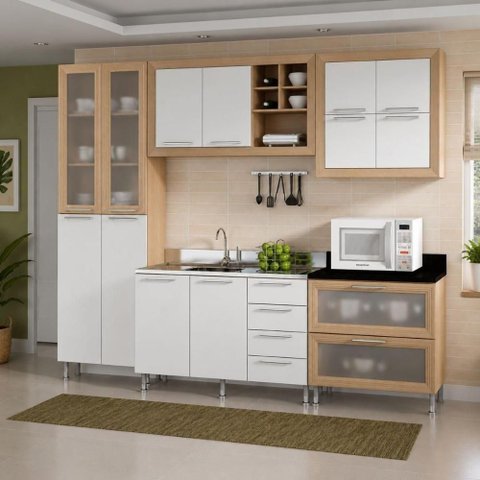 Armário de Cozinha Aspen 12 Portas 6 Gavetas MDF-MDP 270cm Café e Branco Ditália Móveis
