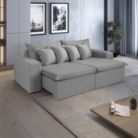 Sofá 2,50 Retrátil Topázio Com Molas Bonnel 4 Lugares Fabri Decor:Cinza claro