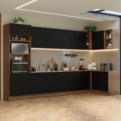 Armário de Cozinha Planejada de Canto 499cm Rustic/Preto Agata Madesa 01