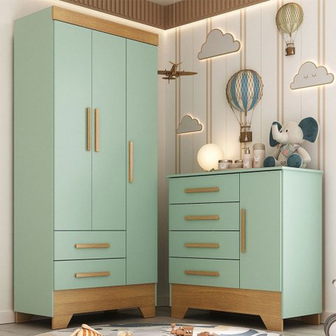 Quarto Infantil Completo Soninho 4 Portas 6 Gavetas Verde/cinamomo - Panorama Móveis