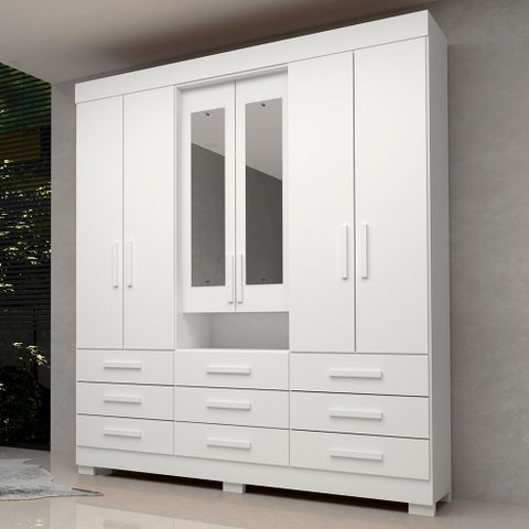 Guarda-Roupa Casal 6 Portas 9 Gavetas Capelinha com Espelho 100% MDF 179cm Nerina Espresso Móveis Branco