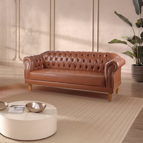 Sofá Chesterfield 3 Lugares Couro Sintético Marrom Duque 200cm Yescasa