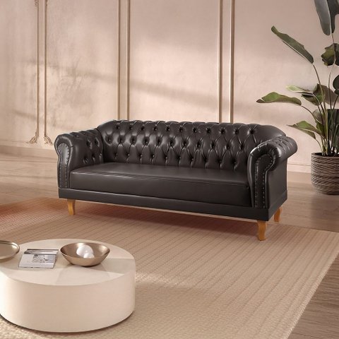 Sofá Chesterfield Clássico 3 Lugares Couro Sintético Preto Duque 200cm Yescasa