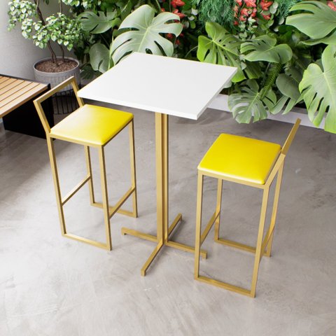 Jogo Mesa Alta Bistrô Quadrada Branca 2 Banqueta Confort Estofado Dourado Don Castro Deco