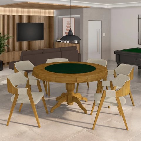 Conjunto Mesa de Jogos Bellagio e 6 Cadeiras Madeira Poker Base Estrela Linho Offwhite/mel