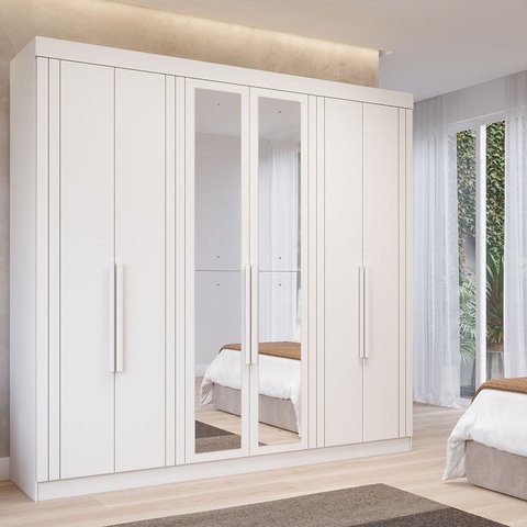 Guarda-Roupa Casal 6 Portas com 4 Espelhos e 6 Gavetas 234cm 100% MDF Boston Espresso Móveis Branco