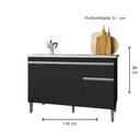 Ver imagem 2 de Balcão para Cozinha 1,2 M 3 Portas 1 Gav sem Tampo - Tatiane: Preto Fosco