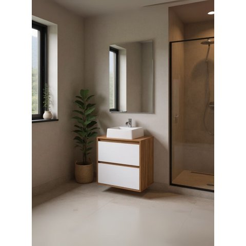 Gabinete para Banheiro com Cuba e Espelheira 60cm MDF Freijo com Branco Dubai - On Móveis