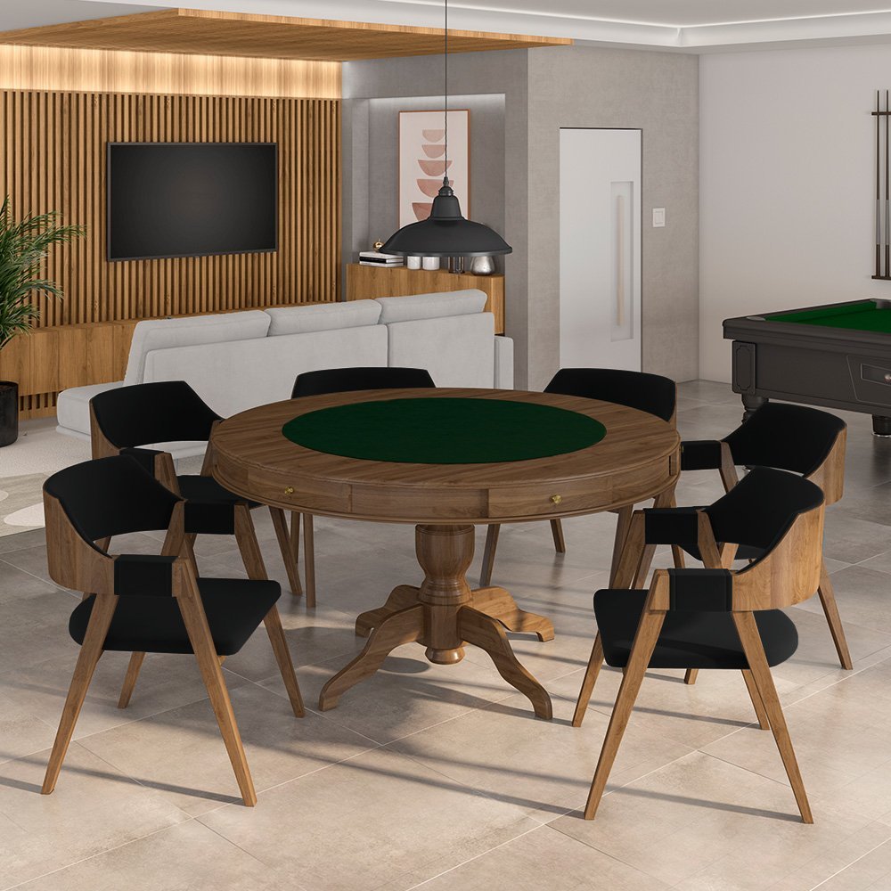 Conjunto Mesa de Jogos Carteado Bellagio Tampo Reversível e 6 Cadeiras Madeira Poker Base Estrela Ve