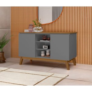 Aparador Buffet Sala Linhares 120cm com Pés de Madeira Cinza com Nature - Rede Móveis