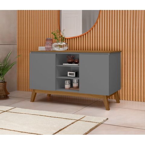 Aparador Buffet Sala Linhares 120cm com Pés de Madeira Cinza com Nature - Rede Móveis