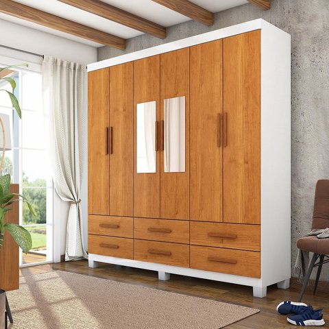 Guarda-Roupa 6 Portas 6 Gavetas com Espelho e Pés Denver Marrom/Branco/Cinamomo