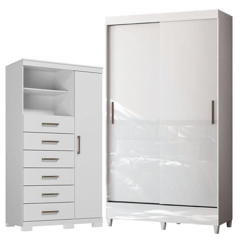 Guarda Roupa Solteiro 2 Portas de Correr com Pés e Cômoda Marabá com Pés Branco Brilho - Santos
