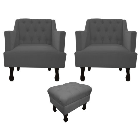 Kit 2 Poltronas Decorativa Julia + Puff Luis Xv Suede Cinza Pés Madeira Mz Decor