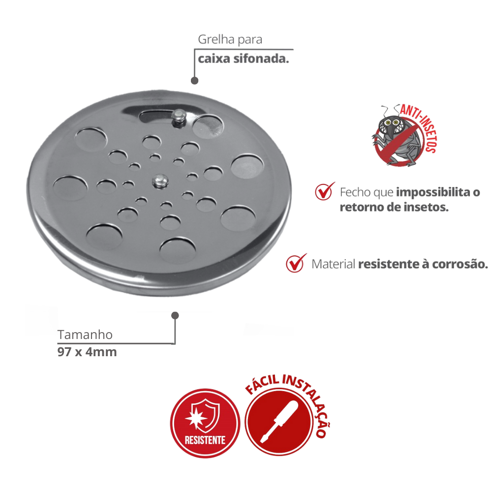 Grelha Redonda com Fecho Inox para Ralo Tam. 97 X 4mm Durín - 2