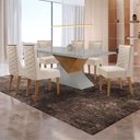 Ver imagem 1 de Mesa Sala de Jantar Aster 180cm e 6 Cadeiras Safira Moderna Veludo Creme/off White/imbuia