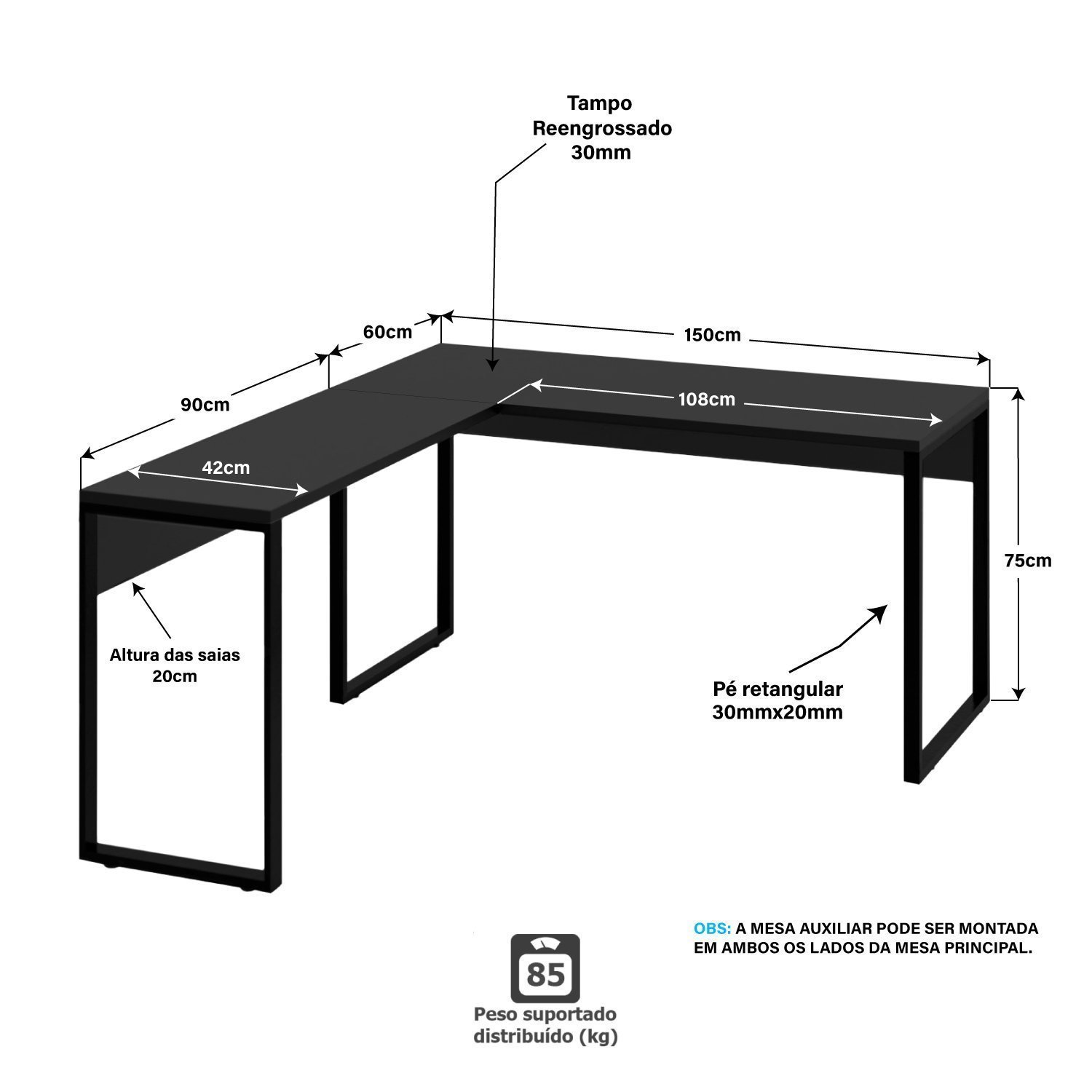 Mesa de Canto em L Escrivaninha Industrial 150x150cm - 4