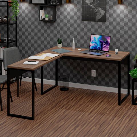 Mesa de Canto em L Escrivaninha 150cm Industrial Nogal Marrom