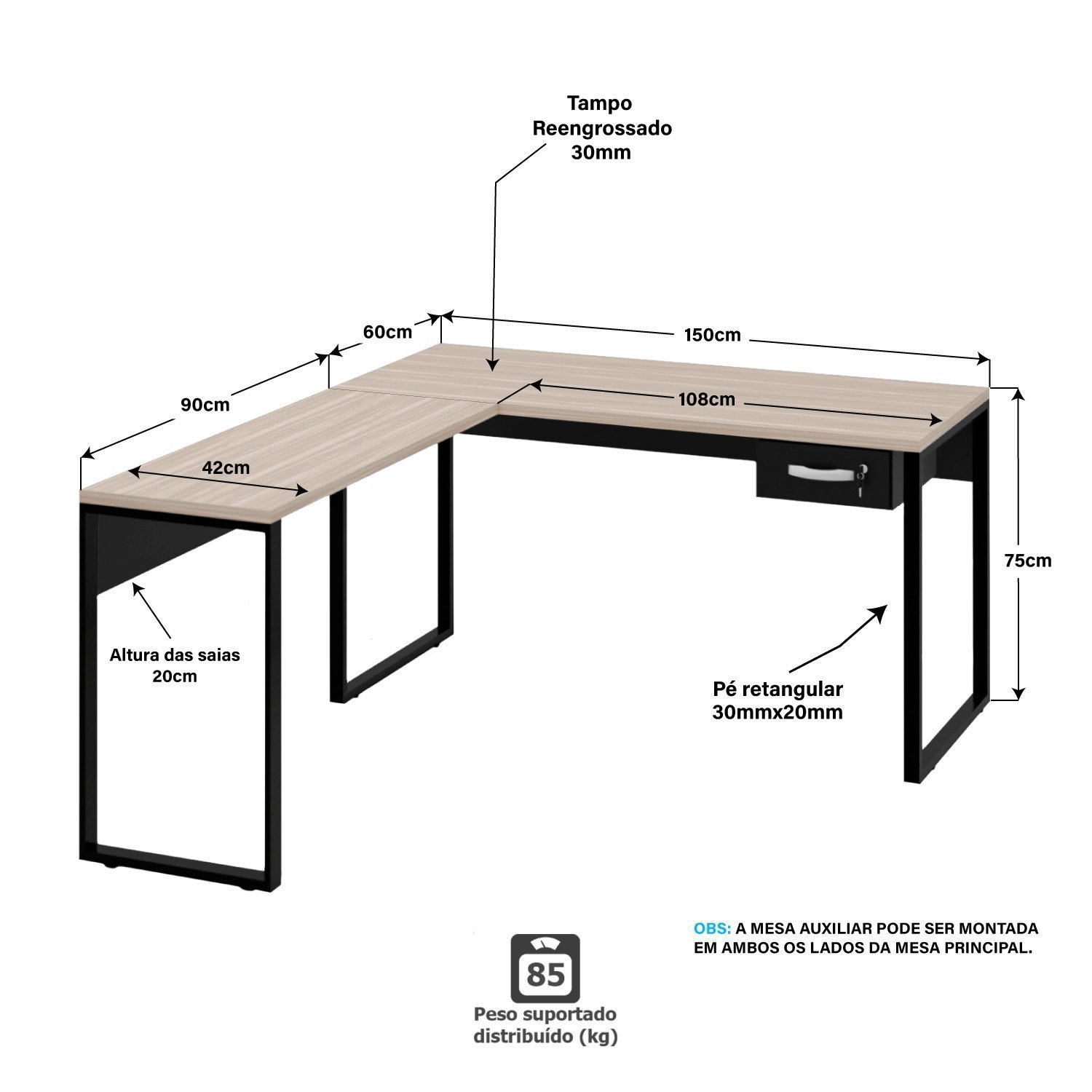 Mesa de Canto em L Escrivaninha com 1 Gaveta Industrial 150x150cm - 4