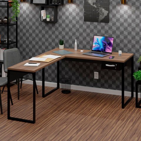 Mesa de Canto em L Escrivaninha com 1 Gaveta 150cm Industrial Nogal Marrom