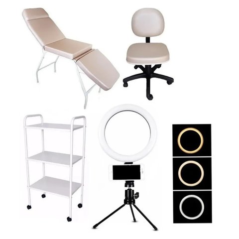 Kit Estética Maca 3 Posições Mocho Carrinho Escada e Luminária Ring Fiscomed Kit Maca para Estética