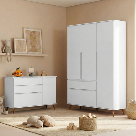 Quarto Infantil Guarda-Roupa 3 Portas e Cômoda 3 Gavetas Retrô 100% MDF Melinda Branco