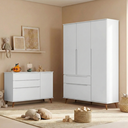 Ver imagem 1 de Quarto Infantil Guarda-Roupa 3 Portas e Cômoda 3 Gavetas Retrô 100% MDF Melinda Branco