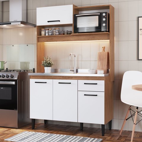 Armário de Cozinha Compacta 4 Portas 1 Gaveta Naty Laranja/Freijó/Branco