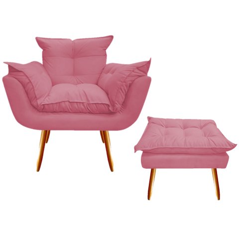 Kit Poltrona + Puff Decorativo Opala Suede Rosa Pés Madeira Ms Decor